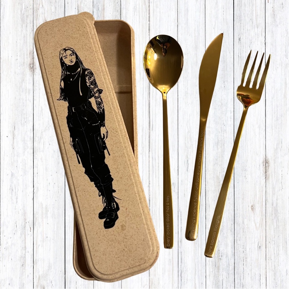 Gold Colored Cutlery three Piece Set Quotes Warcross Marie Lu Graphic Box